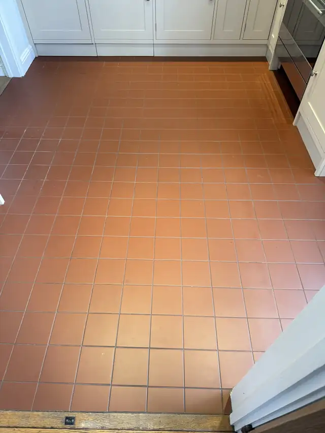 Terracotta tile-effect vinyl floor in a kitchen